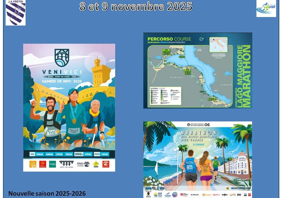 Un week-end dans le sud pour les traileurs et marathoniens du JA Fretin ces 8 et 9 novembre : Nimes / Cannes l’Italie et un petit tour dans les Yvelines