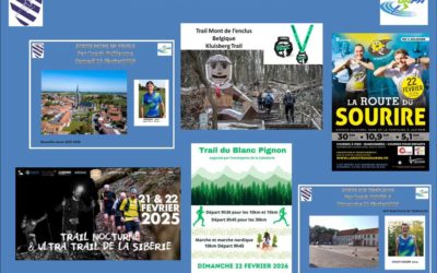 Week-end des 21 et 22 février de l’entraînement et des compétitions de trail (sur un terrain bien gras !! ) puis les courses sur route qui redémarrent voila le programme du groupe !!