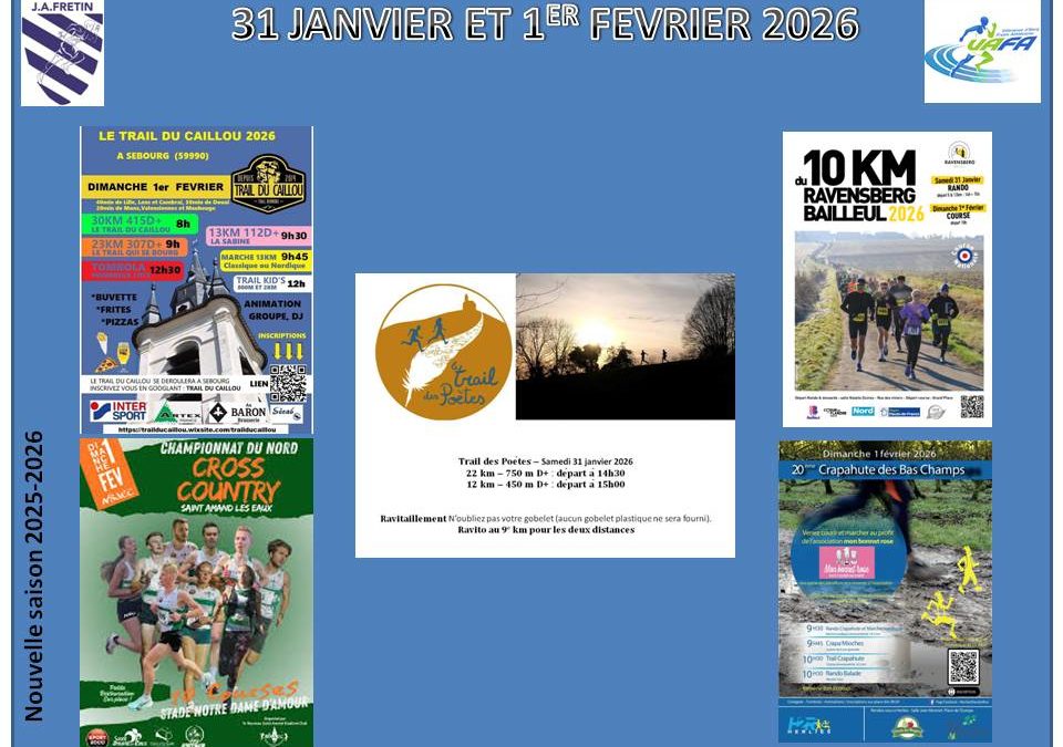 Samedi parc des Argales -Rieulay et le Mont St Aubert (Belgique) dimanche Bailleul – Sebourg – Herlies et St Amand les eaux voila le programme de ce week-end des 31 janvier et 1er février 2026